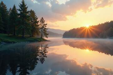 Fototapeta premium Trees reflected in a mirror-like lake surface at dawn, natural, trees