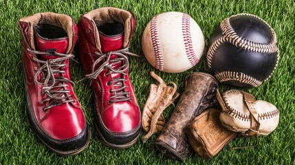 Red boots, baseballs, leather goods on grass