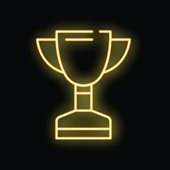 Bright yellow neon trophy glowing on a black background representing winning and being the best