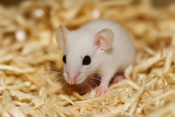 Adorable white mouse nestled in soft bedding