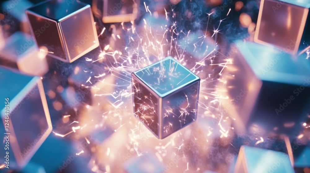 Poster glowing cubes sparkles abstract digital art