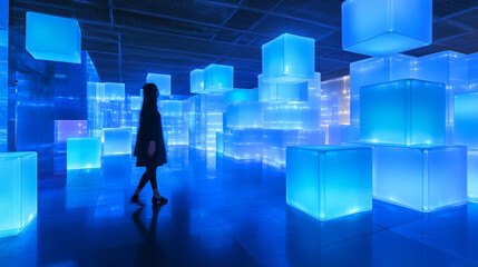 Futuristic Abstract Space with Glowing Cubes 360 vr 3d render panorama. 3D Illustration