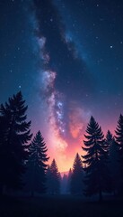 Naklejka premium Twinkly lights and starry sky above the trees, serene, stars, forest