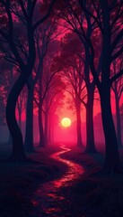 Fototapeta premium Twisted trees and branches in crimson twilight, twilight, branches