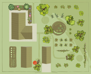 Site plan of a country house with a garden and vegetable garden. vector illustrations of trees, bushes, paths, garden beds for landscape design or plot plan. Top view.