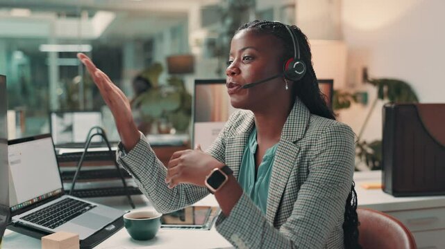Woman, video call or computer with microphone in office for client account review or online consultation. Financial advisor, night or black person with investment planning, customer service or advice