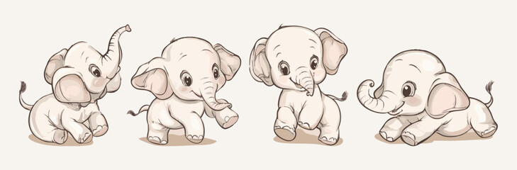 Watercolor Safari Animal Illustrations baby elephant. Cute Safari Wildlife Hand drawn Cartoon Illustration Collection