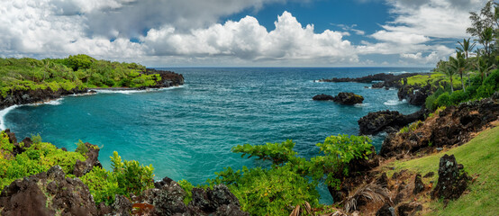 View to the black sand beach of the waianapanapa state park 