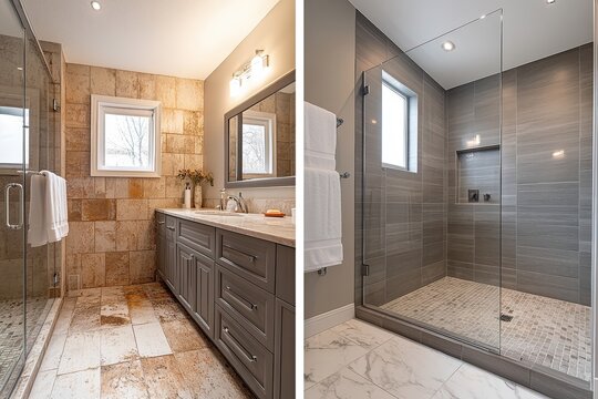  Split view of a bathroom renovation, with one side showing old, stained tiles and an outdated sink, while the other reveals a luxurious, modern space with a glass shower and elegant lighting.