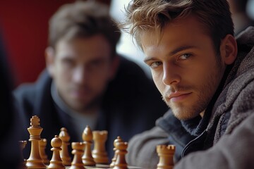  Focused young man playing chess, staring intently at the board with a serious expression. A dramatic and strategic moment captured in a competitive game setting.