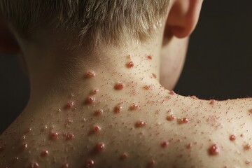 Fototapeta premium Young child's back covered in red, inflamed blisters, showing symptoms of a contagious skin condition. A medical close-up highlighting dermatological concerns and viral infections.