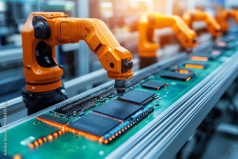 Aufkleber Robotic arms assembling circuit boards in a factory