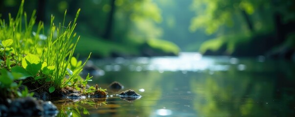 Naklejka premium Aquatic plants thriving in shallow waters near dam, calmness, aquatic, river