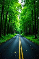 Fototapeta premium asphalt square road winding through dense forest, green, nature