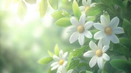 Obraz premium white flowers in sunlight soft focus green leaves background