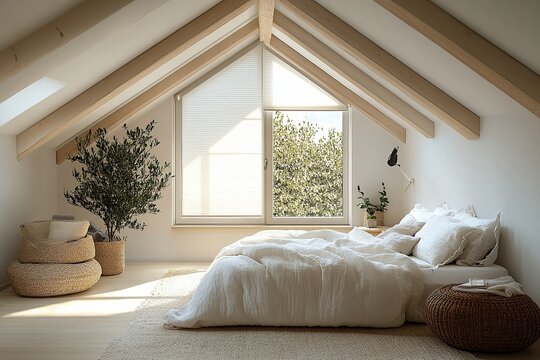  Cozy attic bedroom under a sloped ceiling bathed in diffused sunlight as white pleated shaders soften the light, creating a tranquil and airy atmosphere.