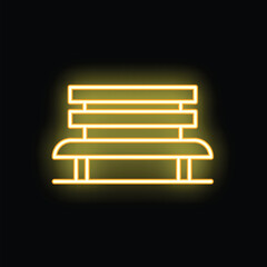 Yellow neon sign depicting a park bench on black background