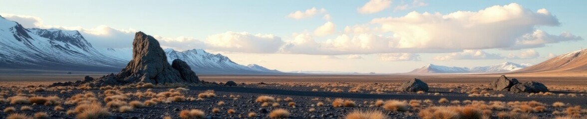 Fototapeta premium Basalt column landscape with a vast expanse of barren Icelandic terrain and endless sky, landscape photography, scenery