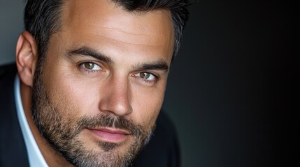 Obraz premium Confident and sophisticated business executive in a dark suit and tie with a serious and thoughtful expression exuding an air of authority and leadership