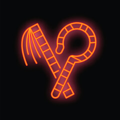 Glowing red neon sign depicting crossed crook and flail, ancient egyptian symbols of kingship