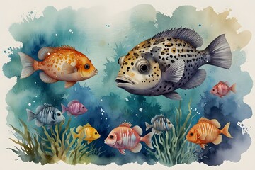 Fototapeta premium Pufferfish surrounded by tropical fish in watercolor style