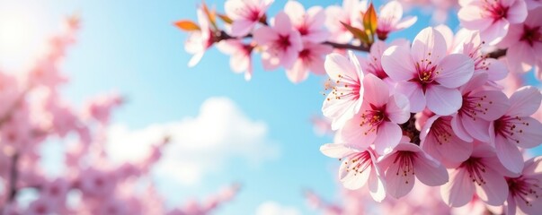 Fototapeta premium Delicate cherry blossoms dance in the soft morning breeze, Sky with clouds, Morning light, Blooming trees