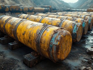 Rusty Yellow Cylinders Resting Outdoors