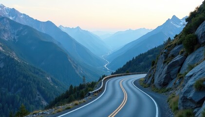 Naklejka premium Winding mountain road with sharp turns, steep drops , cliff, tires, steep