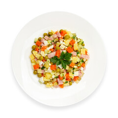 Olivier salad, sliced ​​without mayonnaise.. Top view, on a white background, isolate.