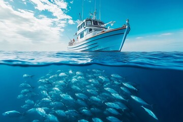 Fototapeta premium Fishing boat above a school of fish in clear ocean waters