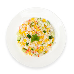 Salad with crab sticks, sliced ​​without mayonnaise. Top view, on a white background, isolate.