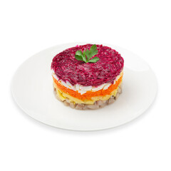 Herring under a fur coat salad. on a white background, isolate.