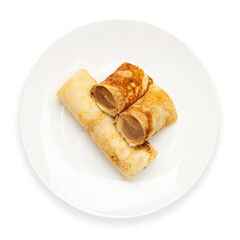 Russian pancakes with boiled condensed milk. Top view, on a white background, isolate.