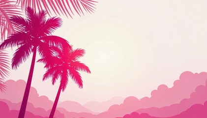 Obraz premium Abstract pink coconut trees silhouetted against palm leaf backdrop , coconut, leaves, stylish
