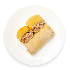 Russian pancakes stuffed with ham and cheese. Top view, on a white background, isolate.