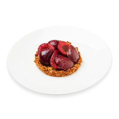 Granola with plum. Top view, on a white background, isolate.