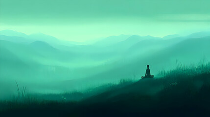 Fototapeta premium Woman meditating misty mountaintop sunrise