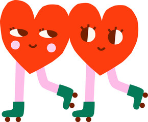 Cute groovy isolated heart characters roller skating together vector illustration. Hand drawn Valentine graphic