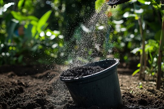 Bucket of fresh compost being spread over a garden plot during a sunny afternoon in a lush garden setting. Generative AI