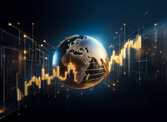 A double exposure image blending a globe with a financial graph.  Digital and modern style with blue and gold color scheme, representing global economy and technology.