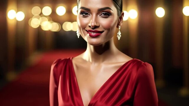 Smiling woman, red carpet and event for glamour. Portrait, fashion and beauty model at celebration for luxury lifestyle. Elegant, confident and fame