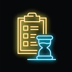 Neon glowing icon of hourglass with sand passing through near clipboard with checklist, concept of time management or deadline