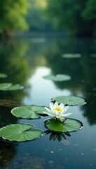 Delicate lily pads on the surface of a tranquil river, serenity now, peaceful lake scene, dam
