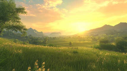 Naklejka premium green grass sun set meadow grassland landscape 3d render illustration. 3D Illustration