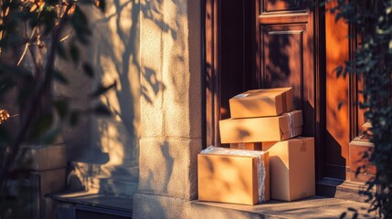 Photo of multiple packages stacked neatly on a doorstep, waiting to be collected, 