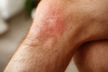 Naklejka premium Inflamed red rash on a man’s knee, irritated dry skin showing signs of eczema or allergic reaction, highlighting skin conditions, discomfort, and dermatological health issues.