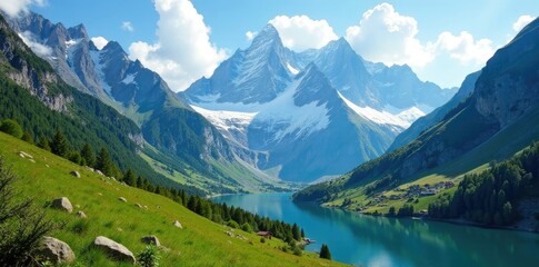 Glacial valley with towering peaks in the Italian Alps, mountain range, scenery
