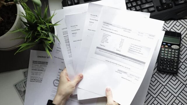 Hands with utility bills top view, water and heat service charges, home budget and financial report