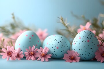 Easter Celebration with Decorated Eggs and Spring Flowers on Pastel Background
