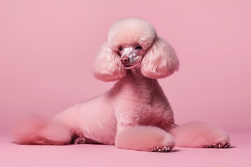 Cute pink poodle. Fluffy curly dog breed with groomed fur, funny pet animal with friendly face, adorable poodle domestic animal pet